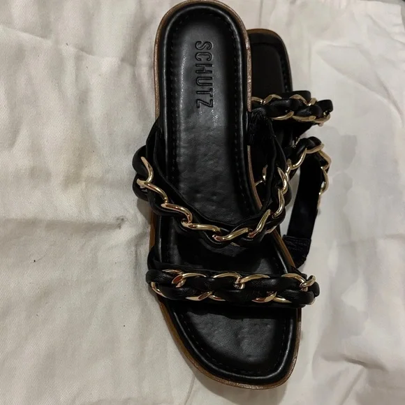 SCHUTZ Black Sandals flats with Gold Chain Detail - Picture 7 of 8